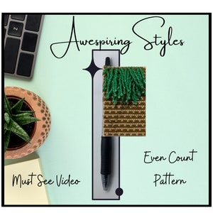 May include: A close-up of a beaded green and brown bookmark with the text "Even Count Pattern" and "Must See Video" on a light green background.