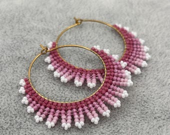 Pink Beaded Hoop Earrings, Handmade Seed Bead Fringe Hoops, Boho Statement Earrings, Lightweight Summer Earrings, Gift for Her