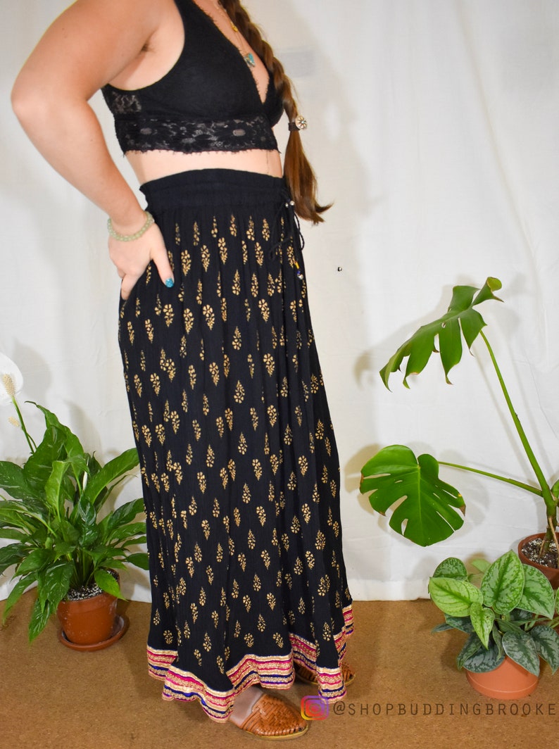 Handmade Indian Gauze Cotton Free Size Black Paisley Pink Purple Sequin Trim Long Maxi Skirt Lightweight Breezy Summer Boho Hippie Festival