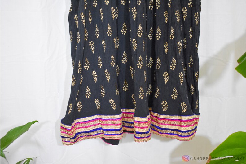 Handmade Indian Gauze Cotton Free Size Black Paisley Pink Purple Sequin Trim Long Maxi Skirt Lightweight Breezy Summer Boho Hippie Festival