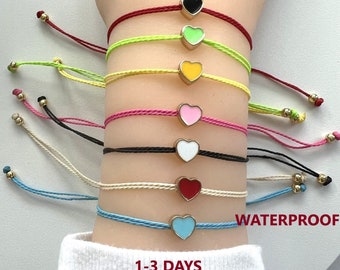 Waterproof String Bracelet w/Colored Heart |Colored Heart Charm String Bracelet| BFF/Distance Couple Bracelet |Adjustable Heart Bracelet