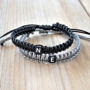 Wide Black&Gray Couples' Bracelet Set|Adjustable Personalized Bracelets with Black Square Letters|Matching Initial Friendship Bracelets