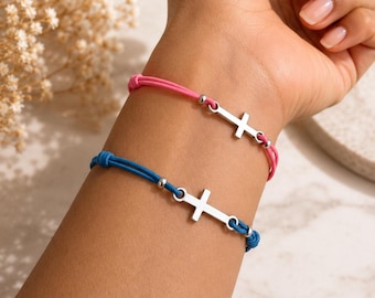 Cross Stretch Bracelet, Unisex  Silver Cross Charm, Christian Jewelry, Colored Stretch Cord, Make a Wish Catholic Cross Gift