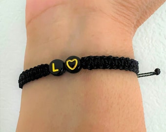 A Set of Two Matching Partners' Bracelets w/Gold Heart|Couples Bracelets|Personalized Knotted Bracelet|Distance Bracelets|Black Gold Initial