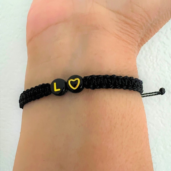 A Set of Two Matching Partners' Bracelets w/Gold Heart|Couples Bracelets|Personalized Knotted Bracelet|Distance Bracelets|Black Gold Initial