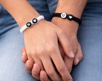 Yin Yang Initial Heart Bracelet Set: Personalized Macrame