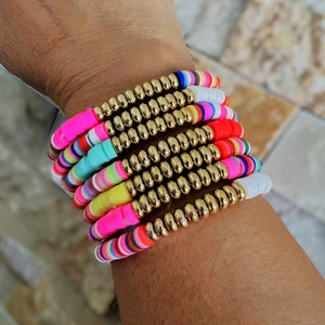 Heishi Bracelet Stack: Polymer Clay & Gold Beaded Stacking Bracelet