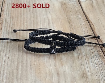 Black Beaded Initial Bracelet: Personalized Macrame Friendship Bracelet