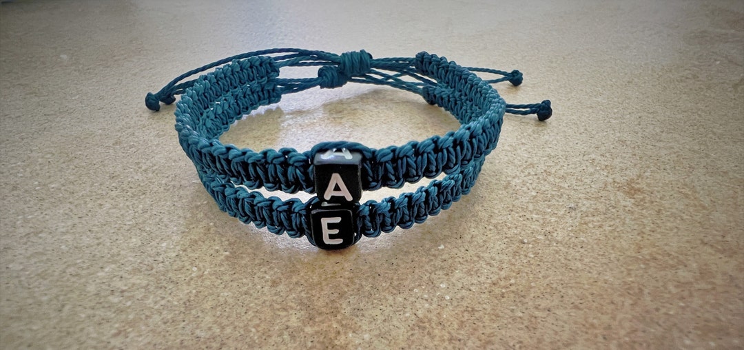 Teal Blue Beaded Couples' Bracelet W/cube Initial personalized Knotted