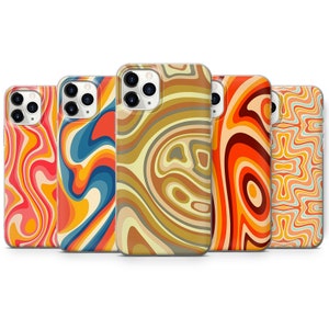 May include: Set of five phone cases with abstract swirling patterns in shades of orange, yellow, red, and blue. The cases are designed for an iPhone.