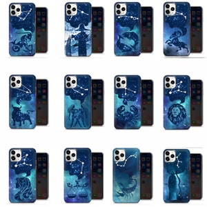 May include: Twelve different iPhone cases with a blue background and a constellation design. Each case features a different zodiac sign, including Aries, Taurus, Gemini, Cancer, Leo, Virgo, Libra, Scorpio, Sagittarius, Capricorn, Aquarius, and Pisces.
