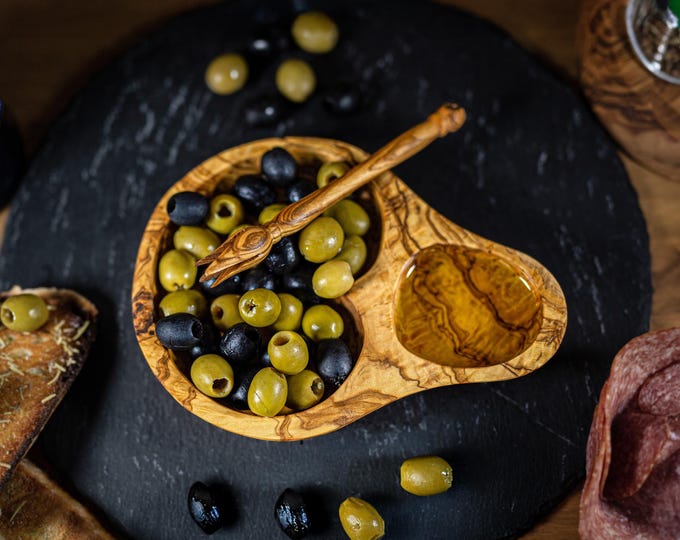 Personalized Olive Wood Dish with Picker: Handmade Serving Bowl