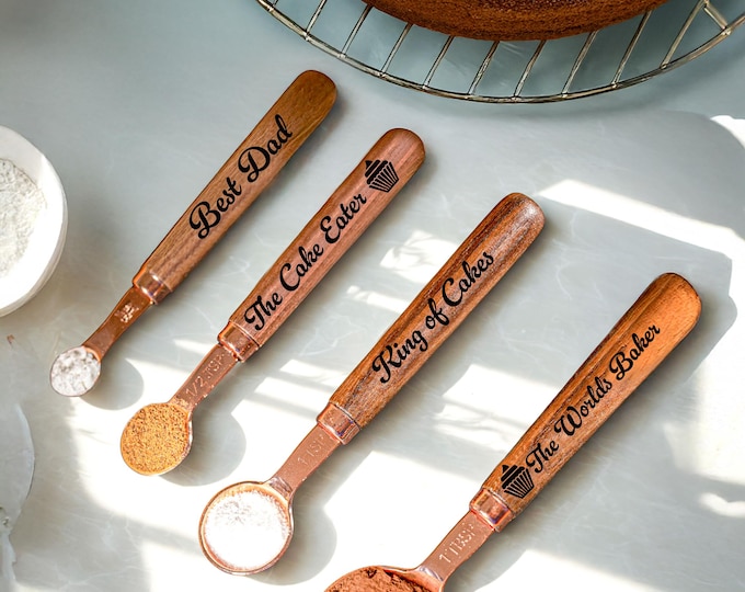 Wooden Measuring Spoons, Set of 4, Personalised, Copper Measuring Spoons, Rose Gold Measuring Spoons, Engraved Kitchenware, Baking gift