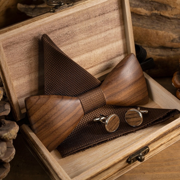 Cufflink Set, Wedding Gift, Custom Dickie Bow, Groom Handkerchief, Custom Cufflinks, Groomsman Gift Idea, Wedding Bow Tie, Custom Wooden Box