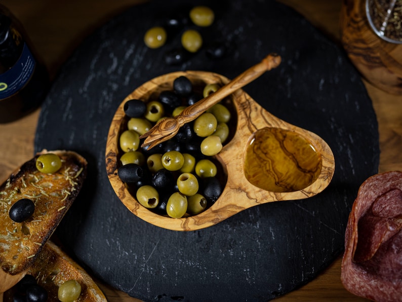 Wooden Olive Dish with Picker, Personalised Serving Bowl, Olive Wood Snack Plate, Olive Platter, Handmade Kitchenware, Housewarming Gift