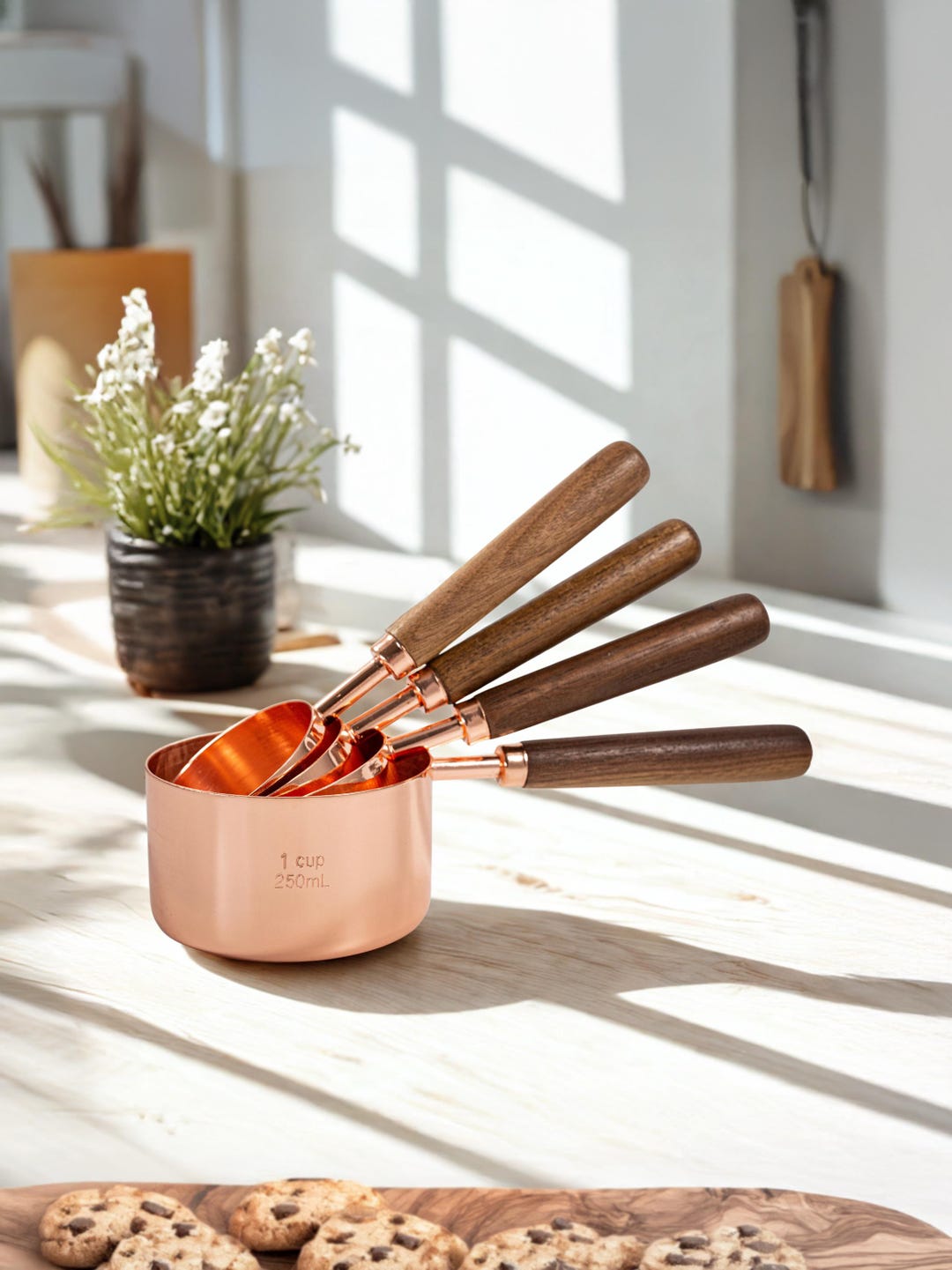Rose Gold Measuring Cups, Set of 4, Wood Kitchen Utensils, Baking Cups ...
