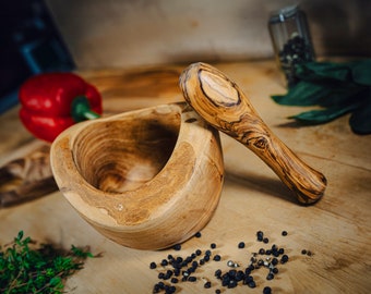 Juego de mortero y maja de madera de olivo personalizado: Molinillo rústico de hierbas