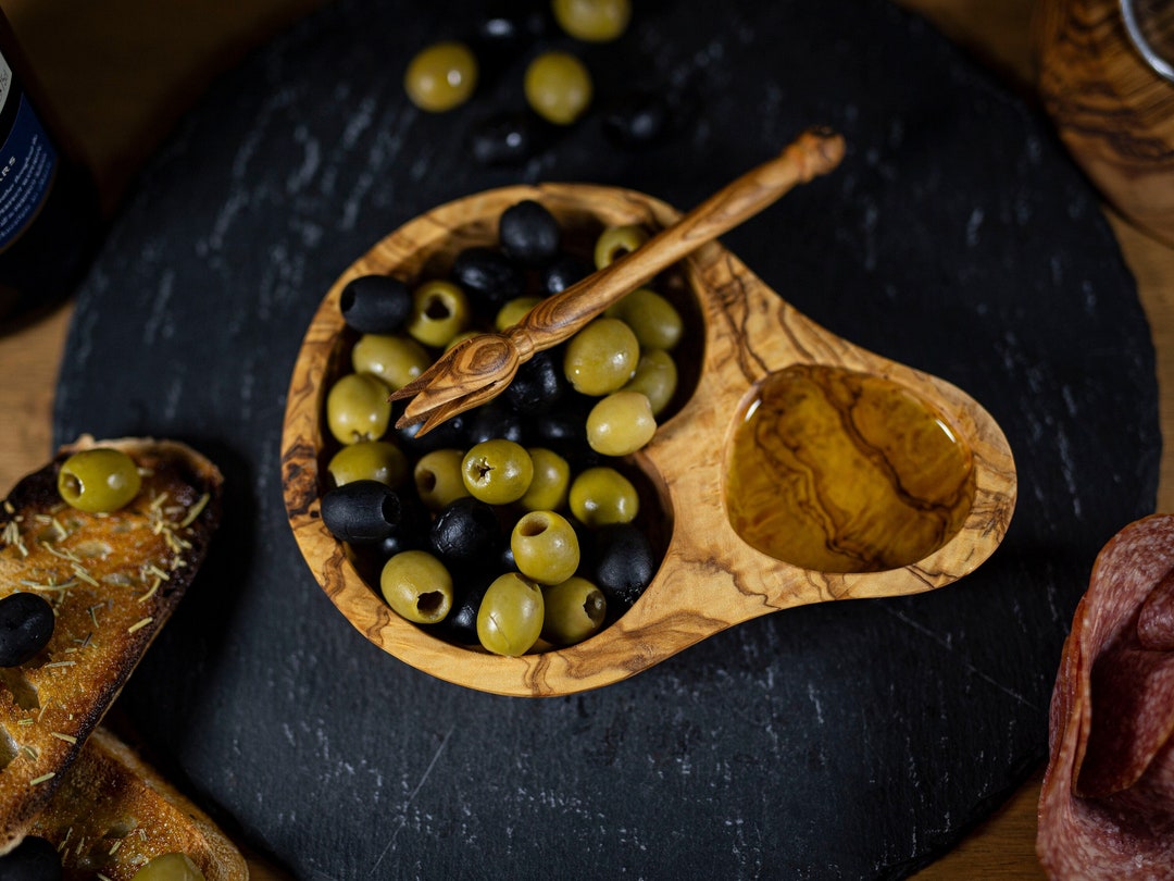 Wooden Olive Dish With Picker, Personalised Serving Bowl, Olive Wood