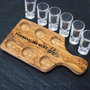 Handmade Wooden Shot Paddle, Olive Wood Shot Tray, Custom Shot Glasses Display, Personalised Alcohol Gift, Wedding Shot Board, 6 Shots