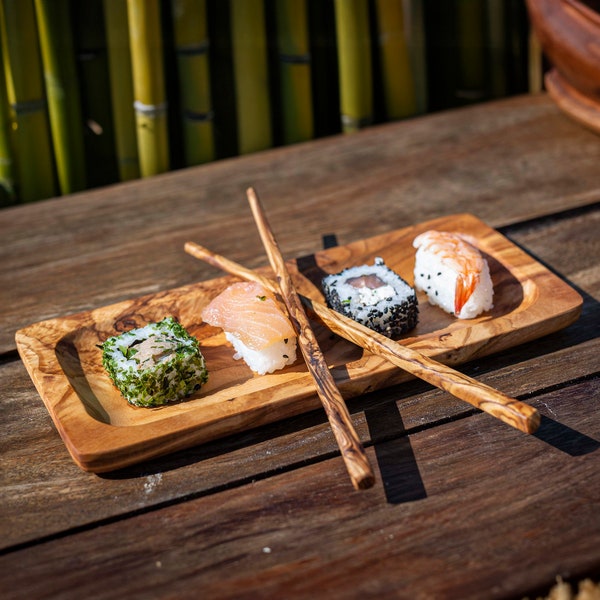 Olive Wood Custom Sushi Board, Chopstick Set, Personalised Sushi Plate Set, Sushi Gifts for Him, Sushi Platter, Rectangular Tray
