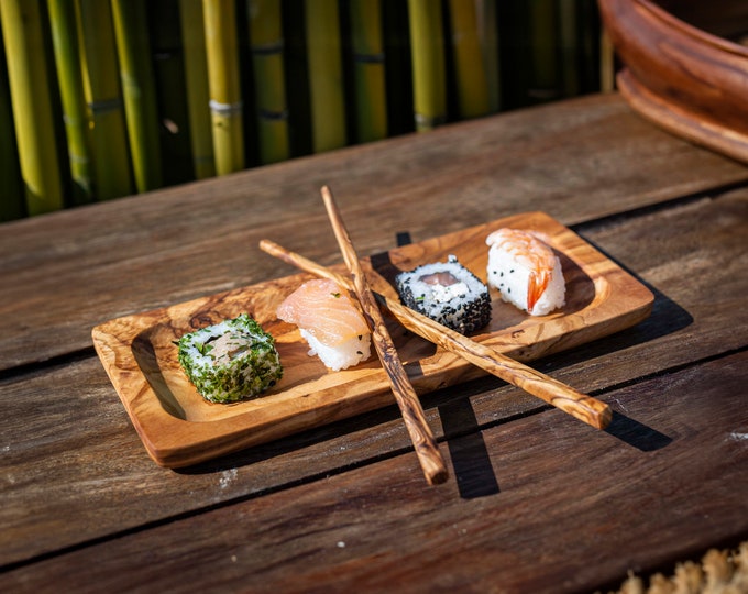 Olive Wood Custom Sushi Board, Chopstick Set, Personalised Sushi Plate Set, Sushi Gifts for Him, Sushi Platter, Rectangular Tray