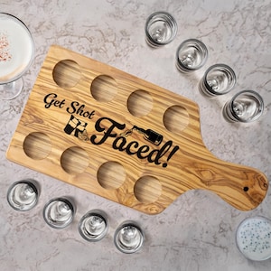 Bespoke Olive Wood 6 Shot Board, Wooden Drinks Holder, Engraved Shot Paddle with Glasses, Bar Accessories, Drinkware Gift for Him, Hen do