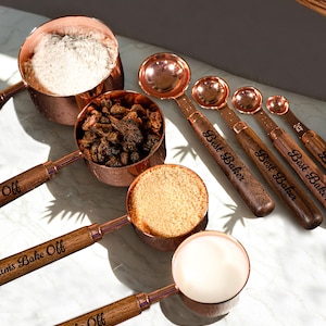 Wooden Measuring Spoons and Cups, Set of 8, Personalised Kitchen Utensils, Rose Gold Measuring Spoons and Cups, Engraved Baking Tools