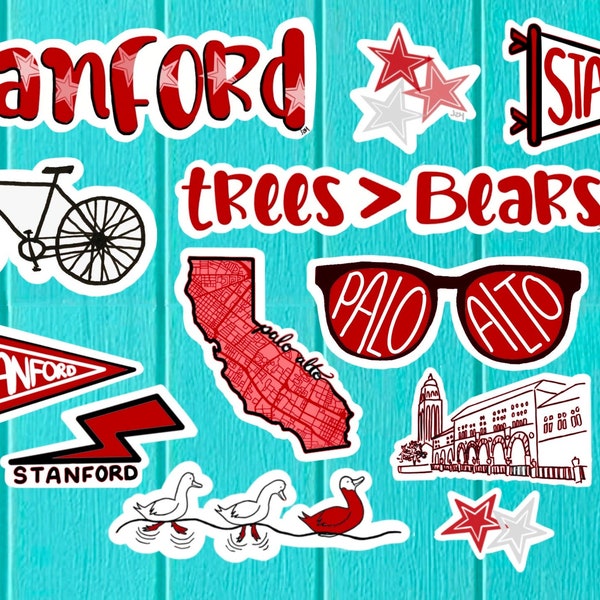 Stanford Sticker Set- Stanford University Stickers- Trees > Bears - Cardinal- Stars- Pennant Sticker- Weatherproof Glossy Sticker