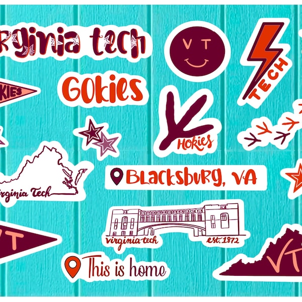 Virginia Tech Sticker Set- VT Decal- Hokies- Gokies- University College- Pennant- Waterproof Glossy Sticker- Laptop- Blacksburg- Virginia VA