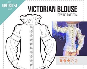 Victorian Blouse - Obistu 24 (OB24) - Doll Clothing Pattern Digital PDF - With Photos and Video Tutorial, 1/6 scale Blythe / Pullip