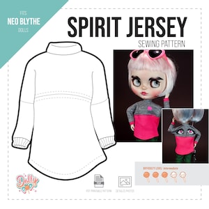 Op de afbeelding: Een naaipatroon voor een Spirit Jersey voor Neo Blythe poppen. Het patroon bevat een zwart-witte lijntekening van het jersey, een foto van een pop die het jersey draagt, en een moeilijkheidsgraad van gemiddeld.