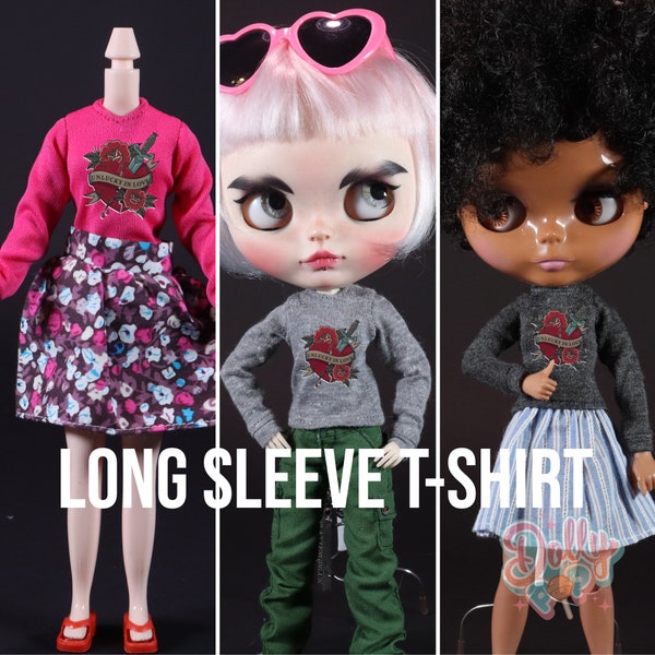 Long Sleeve Doll T-shirt -"Unlucky In Love" - 3 Color Choices! Neo Blythe, Licca, Azone, Obistu - 1:6 Scale Doll Clothing - Punk / Grunge