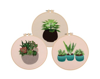 3 Pack Beginner Embroidery Kit For Adults - Flowers and Succulents Embroidery Kit - DIY Hand Embroidery Full Kit - Cross Stitch Set