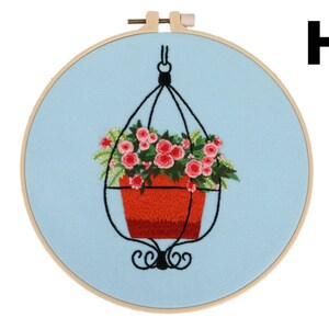 Embroidery Starter Kit w/ Floral Pattern and Instructions Cross Stitch Kit w/ Floral Pattern 1 Hoop, Cloth, Color Floss and Needles Pattern H