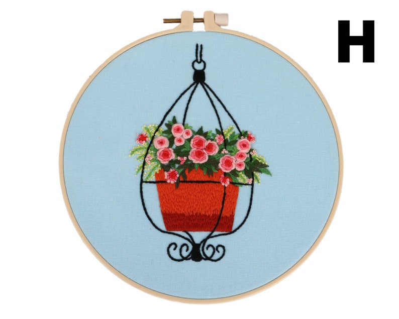 Embroidery Starter Kit w/ Floral Pattern and Instructions Cross Stitch Kit w/ Floral Pattern 1 Hoop, Cloth, Color Floss and Needles Pattern H