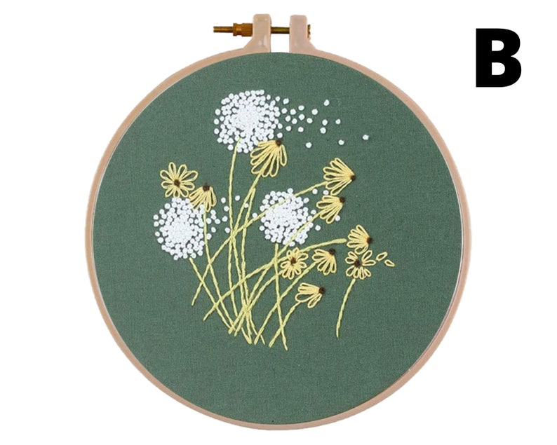 Embroidery Starter Kit w/ Floral Pattern and Instructions Cross Stitch Kit w/ Floral Pattern 1 Hoop, Cloth, Color Floss and Needles Pattern B