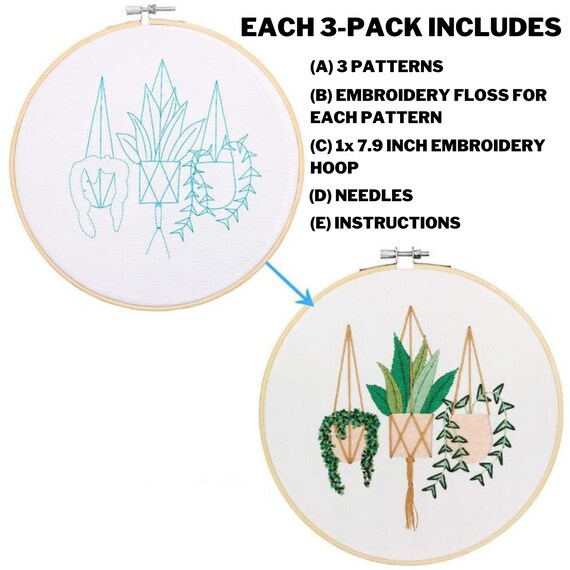 3 Pack Beginner Embroidery Kit Modern Flower Embroidery Kit Flowers Embroidery  Kit DIY Hand Embroidery Full Kit Cross Stitch Set 