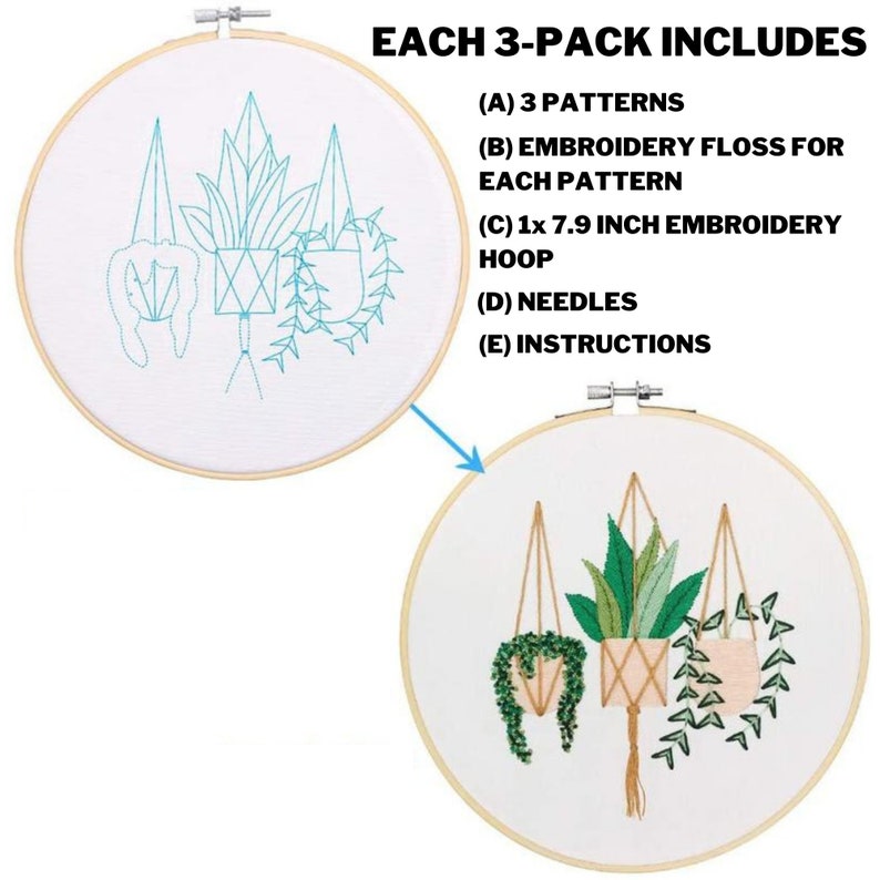 3 Pack Beginner Embroidery Kit Modern Flower Embroidery Kit Flowers Embroidery Kit DIY Hand Embroidery Full Kit Cross Stitch Set image 2