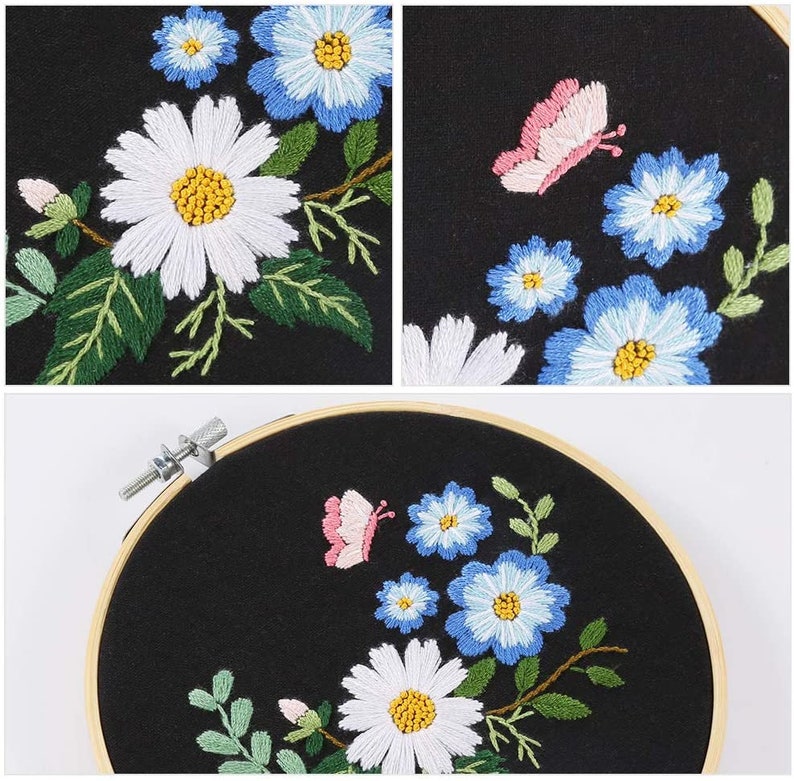 Embroidery Starter Kit w/ Floral Pattern and Instructions Cross Stitch Kit w/ Floral Pattern 1 Hoop, Cloth, Color Floss and Needles image 3