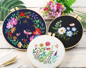 Embroidery Starter Kit w/ 3 Floral Patterns and Instructions - Cross Stitch Kit w/ Floral Pattern - 1 Hoop and Color Threads - Hoop Art