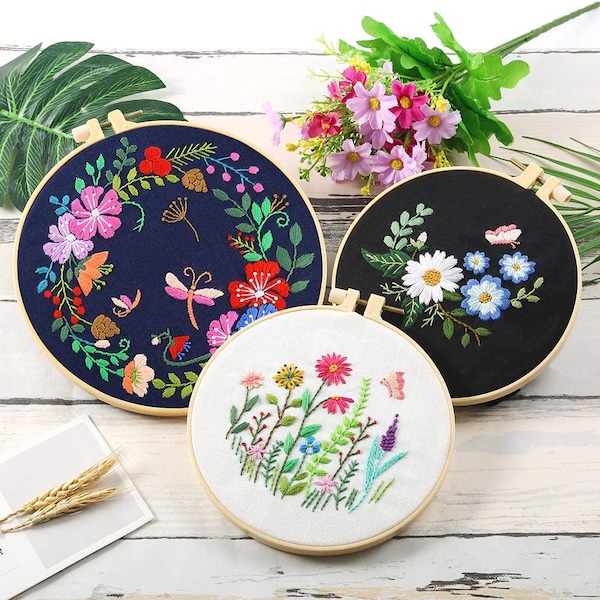 Embroidery Starter Kit w/ 3 Floral Patterns and Instructions - Cross Stitch Kit w/ Floral Pattern - 1 Hoop and Color Threads - Hoop Art