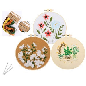 3 Pack Beginner Embroidery Kit - Modern Flower Embroidery Kit - Flowers Embroidery Kit - DIY Hand Embroidery Full Kit - Cross Stitch Set