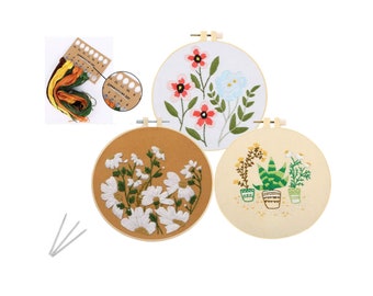3 Pack Beginner Embroidery Kit - Modern Flower Embroidery Kit - Flowers Embroidery Kit - DIY Hand Embroidery Full Kit - Cross Stitch Set