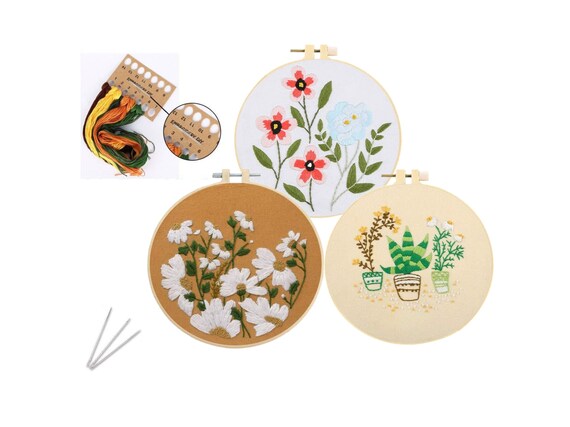 3 Pack Beginner Embroidery Kit Modern Flower Embroidery Kit Flowers  Embroidery Kit DIY Hand Embroidery Full Kit Cross Stitch Set 