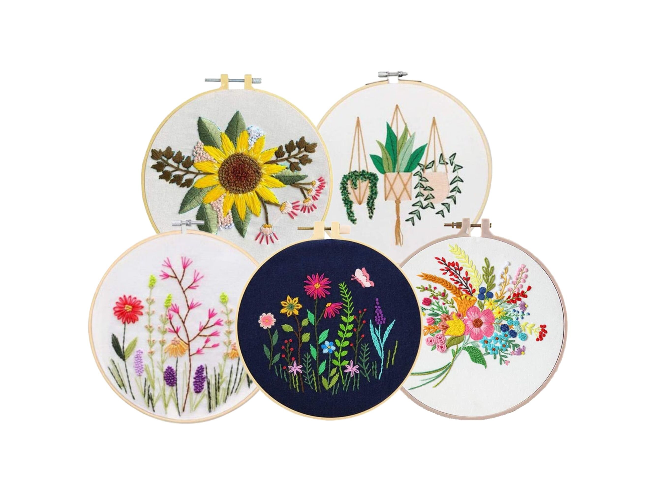 5 Pack Embroidery Starter Kit with Pattern and Instructions - Cross Stitch Set with 5 Embroidery Patterns - Embroidery Hoop - Hoop Art