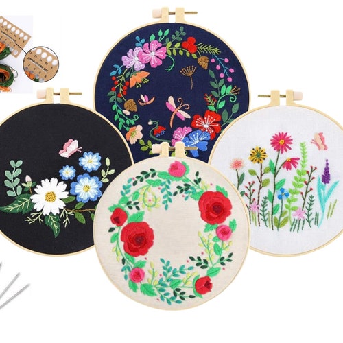 4 Pack Embroidery Starter Kit with Pattern and Instructions - Cross Stitch Set with 4 Embroidery Patterns - 4 Embroidery Hoops and Floss