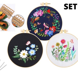 3 Pack Beginner Embroidery Kit Modern Flower Embroidery Kit Flowers Embroidery Kit DIY Hand Embroidery Full Kit Cross Stitch Set SET C (3 Patterns)