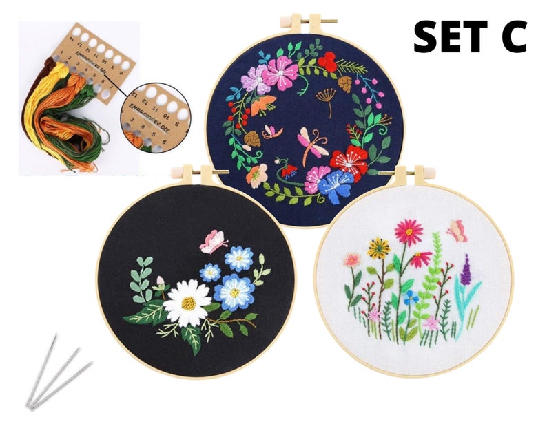 3 Pack Beginner Embroidery Kit Modern Flower Embroidery Kit Flowers Embroidery Kit DIY Hand Embroidery Full Kit Cross Stitch Set SET C (3 Patterns)