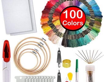 Embroidery Starter Kit - Cross Stitch Tool Kit - 100 Color Embroidery Threads, 5 Wooden Embroidery Hoops, 2 Pieces Aida Cloth