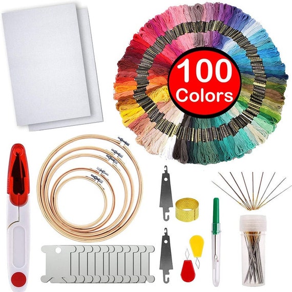 Embroidery Starter Kit Cross Stitch Tool Kit 100 Color Embroidery Threads,  5 Wooden Embroidery Hoops, 2 Pieces Aida Cloth 